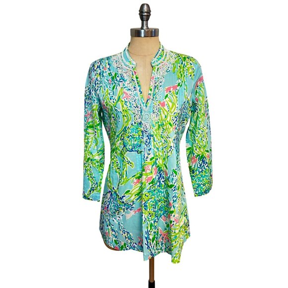 Lilly Pulitzer Blue Heaven Sarasota Beaded Tunic Top Small - Picture 1 of 5